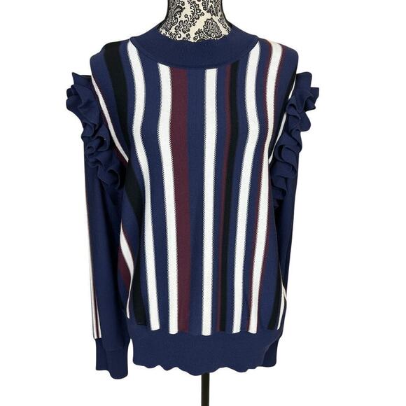 Halogen Striped Ruffle Sweater Blue Detachable Long Sleeves Casual Size L - Picture 1 of 11